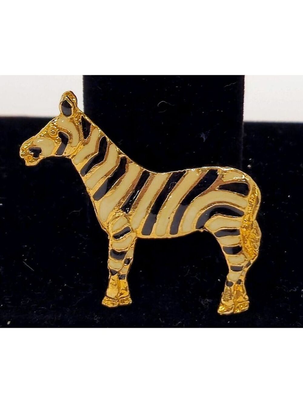 Vintage Gold Tone Zebra Brooch Pin Black & Cream Enamel Safari Animal Figural 1.